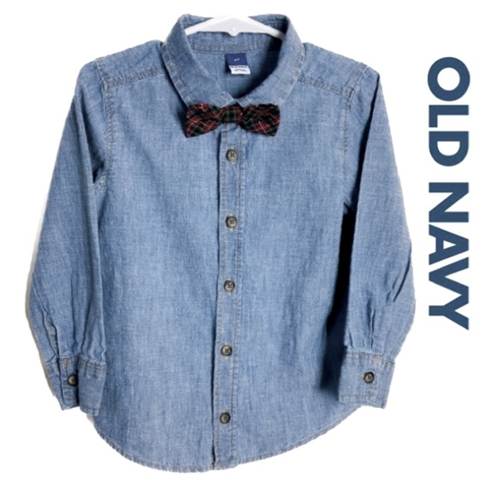 OLD NAVY Cute Long Sleeve Button-Down Shirt W/ Button-On Plaid Tie Boys Size 4T